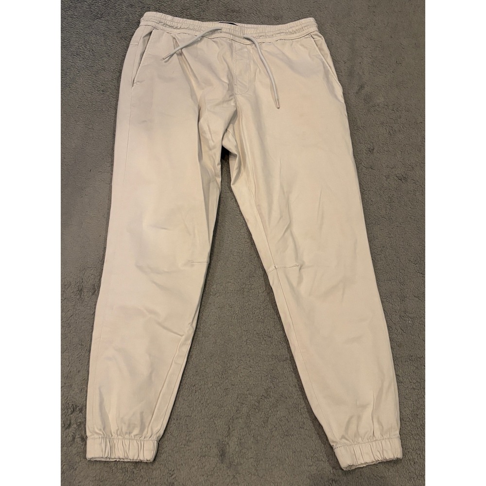 Zara Mens Denimwear Jogger Pants Beige Elastic Waist Cotton Blend Large MEX 32